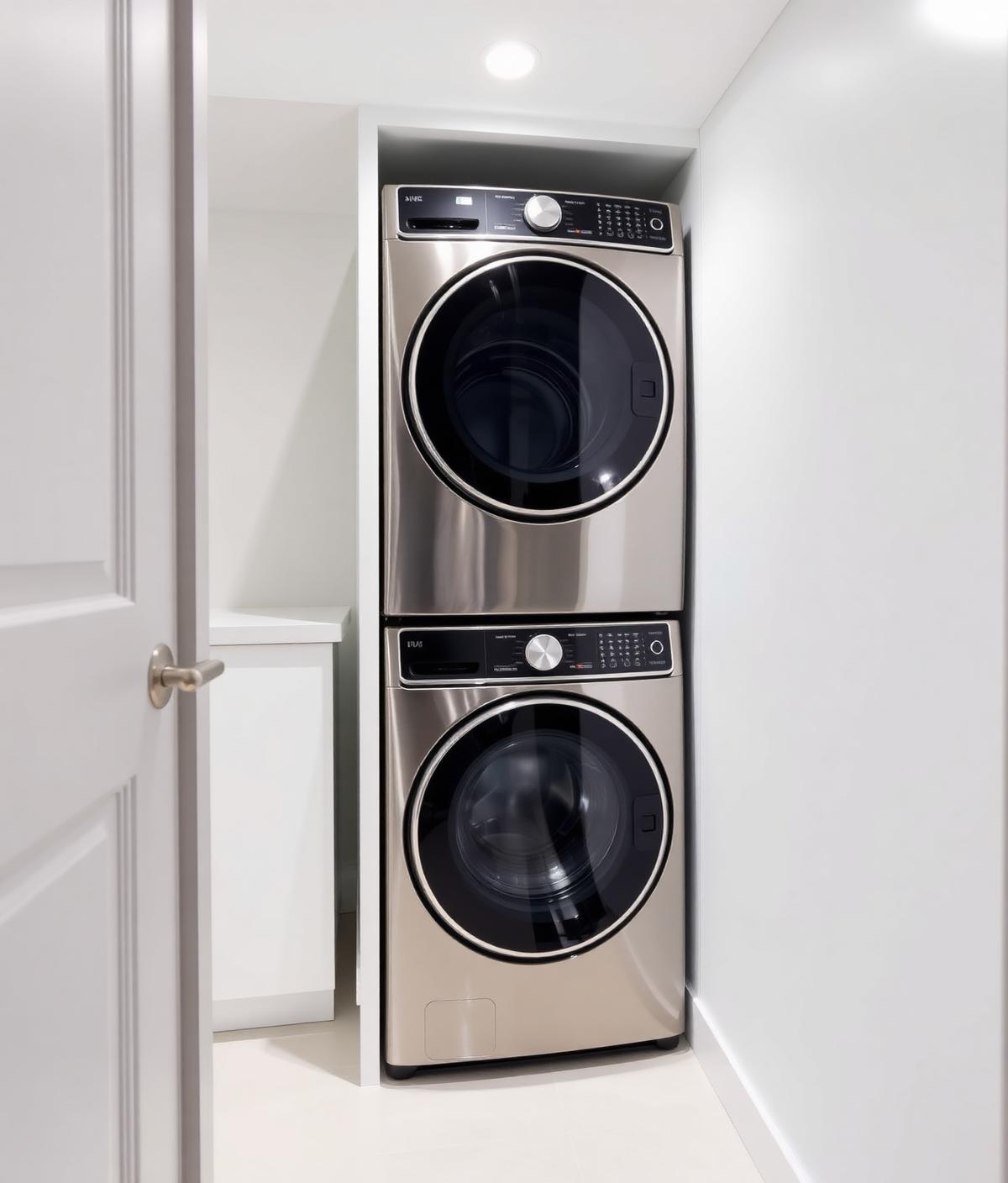 Stainless steel stacked washer and dryer in a modern laundry room